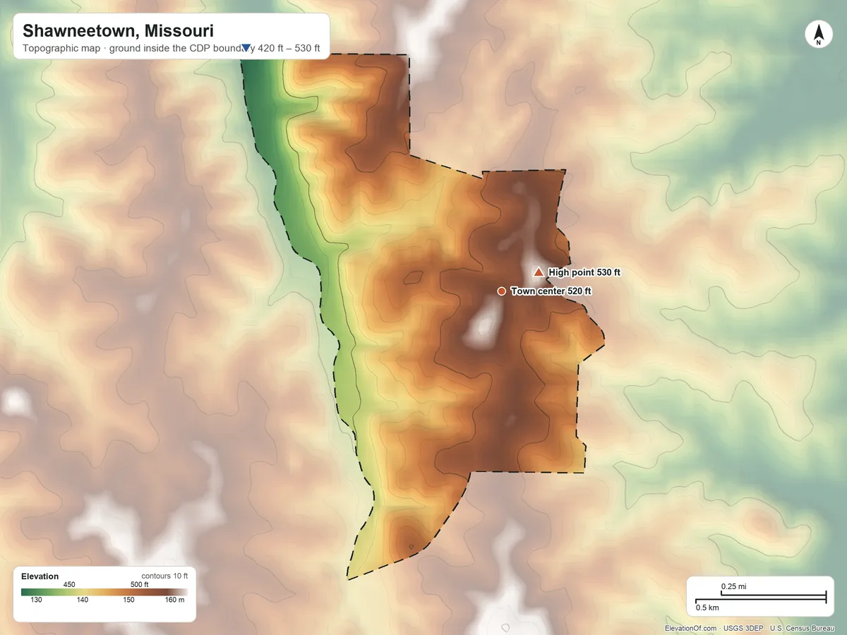 Topographic elevation map of Shawneetown, Missouri, shaded from 420 ft on the northwest side to 530 ft near the middle