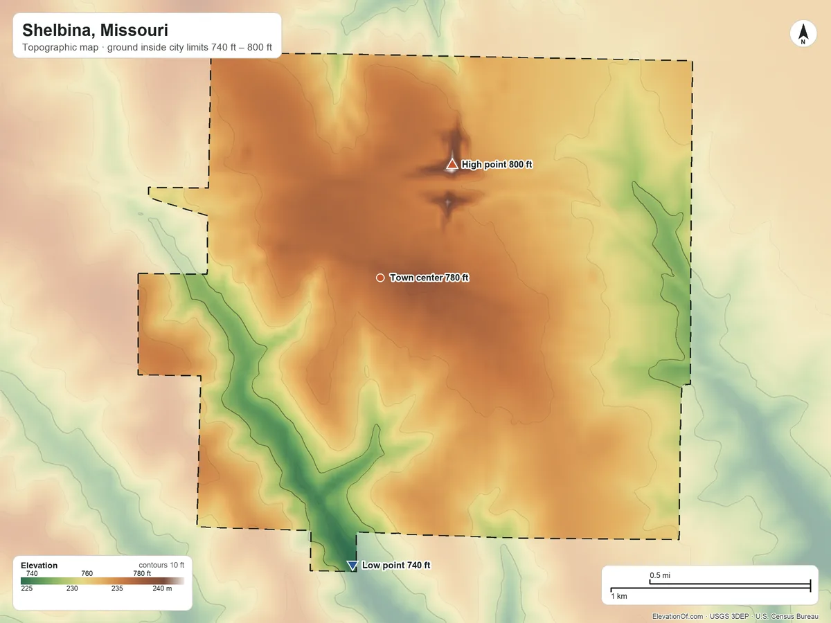 Topographic elevation map of Shelbina, Missouri, shaded from 740 ft on the south side to 800 ft on the northeast side