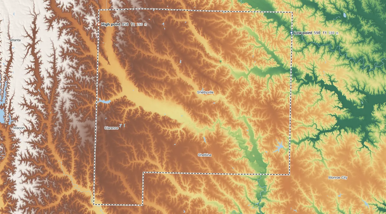 Topographic elevation map of Shelby County, Missouri, shaded from 590 ft on the northeast side to 850 ft on the northwest side