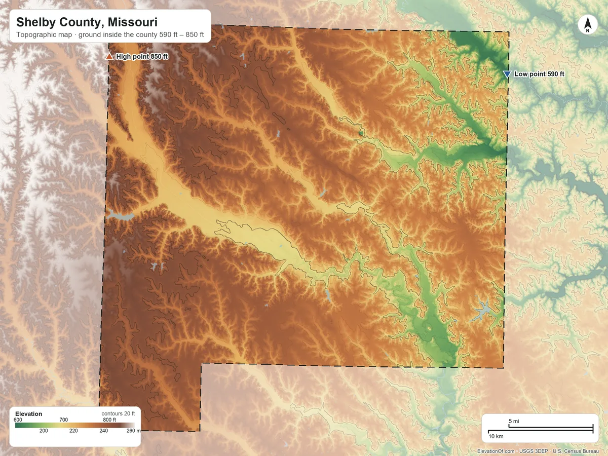 Topographic elevation map of Shelby County, Missouri, shaded from 590 ft on the northeast side to 850 ft on the northwest side