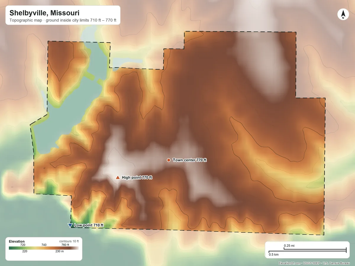 Topographic elevation map of Shelbyville, Missouri, shaded from 710 ft on the southwest side to 770 ft on the west side