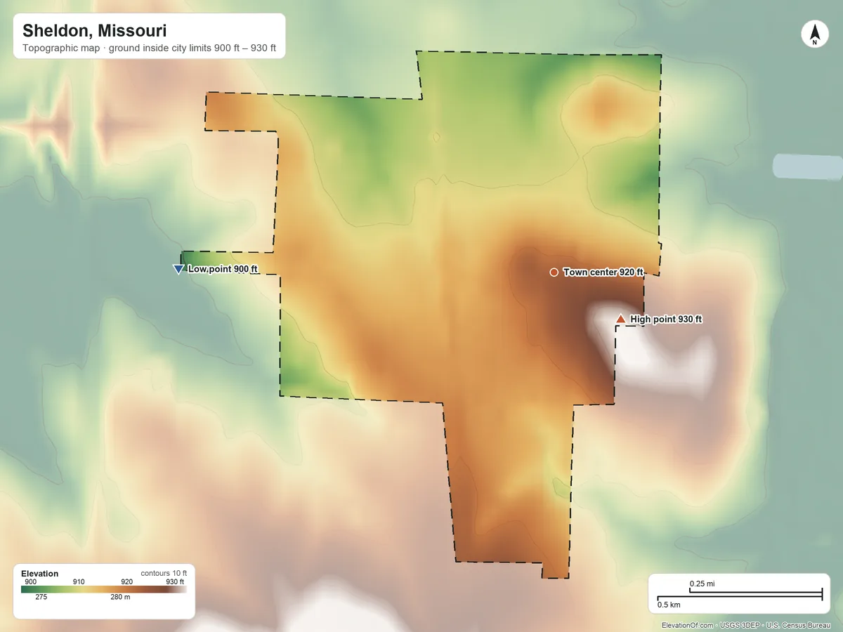 Topographic elevation map of Sheldon, Missouri, shaded from 900 ft on the west side to 930 ft on the southeast side