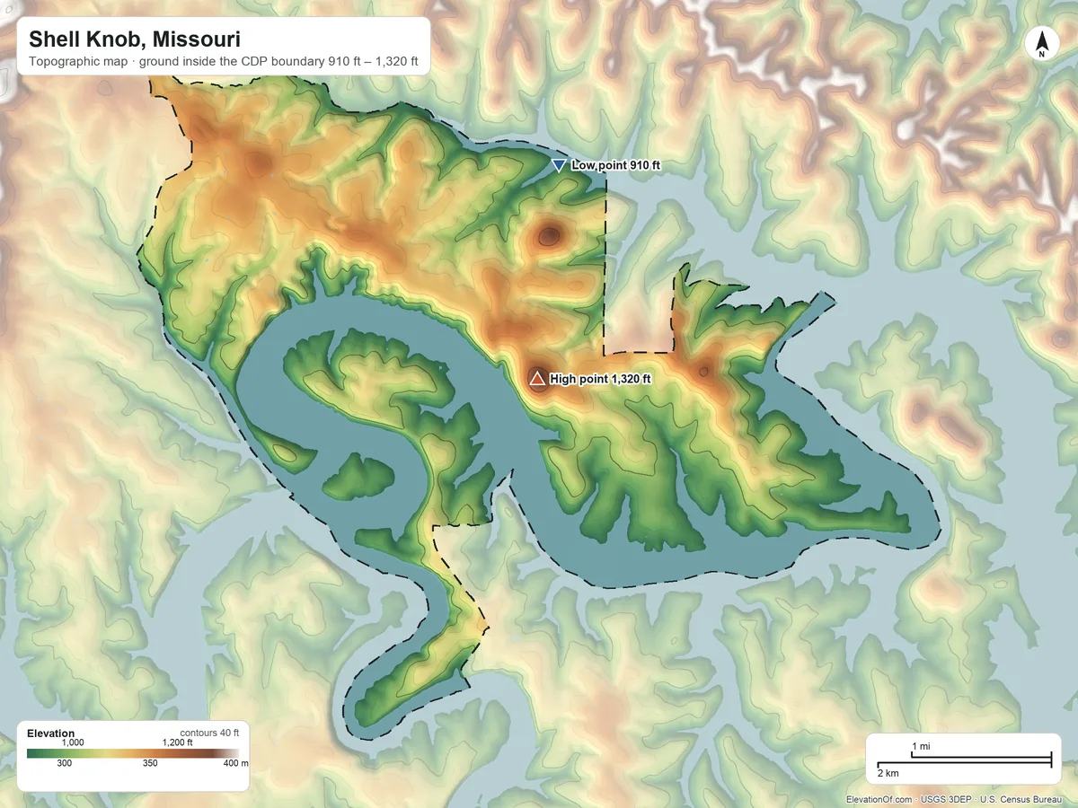 Topographic elevation map of Shell Knob, Missouri, shaded from 910 ft on the north side to 1,320 ft on Shell Knob