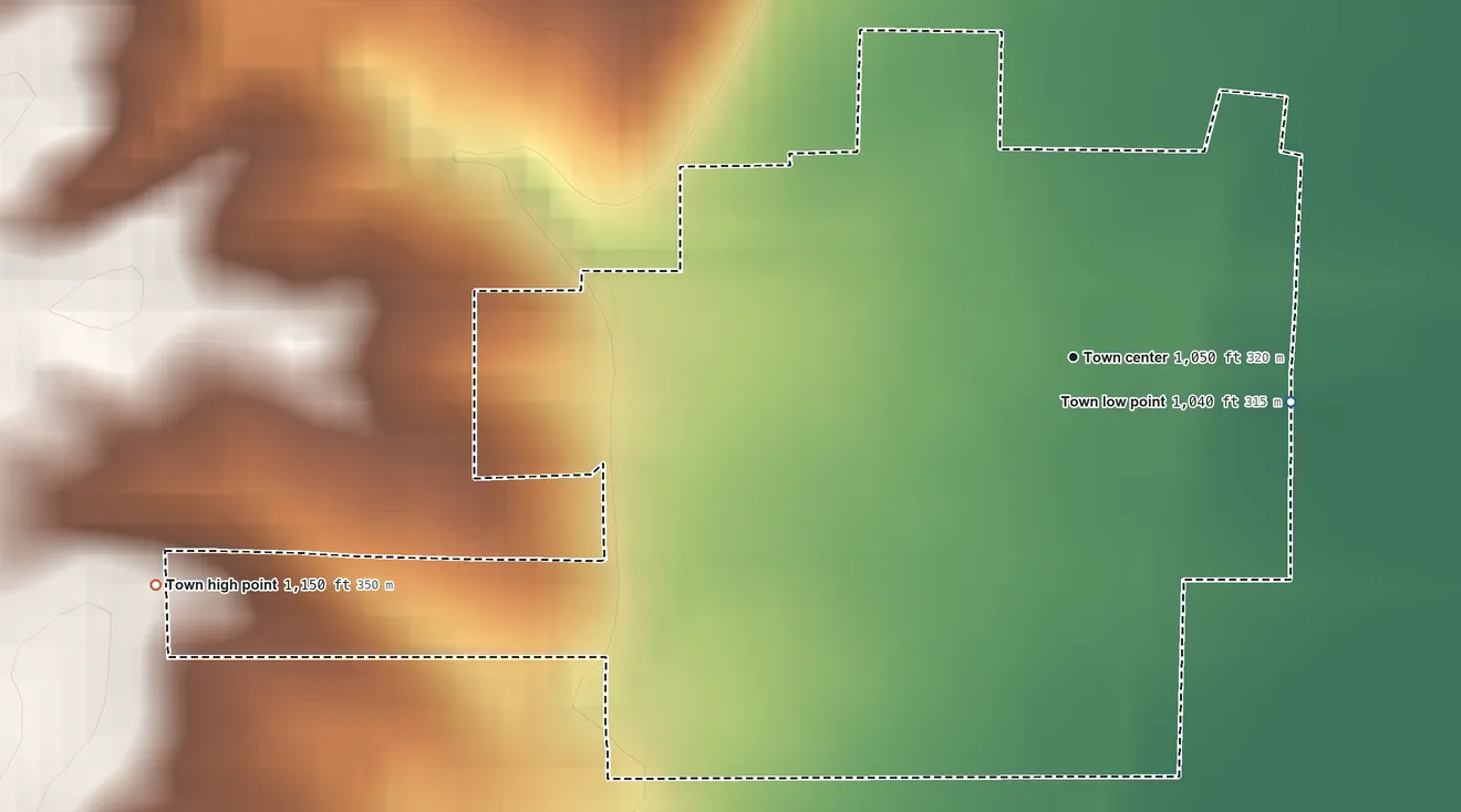 Topographic elevation map of Sheridan, Missouri, shaded from 1,040 ft on the east side to 1,150 ft on the west side
