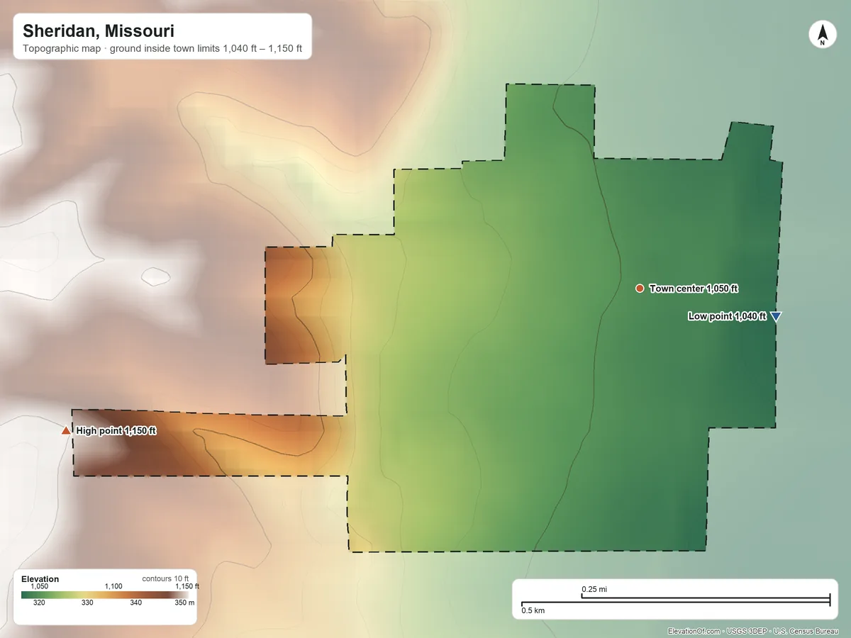 Topographic elevation map of Sheridan, Missouri, shaded from 1,040 ft on the east side to 1,150 ft on the west side