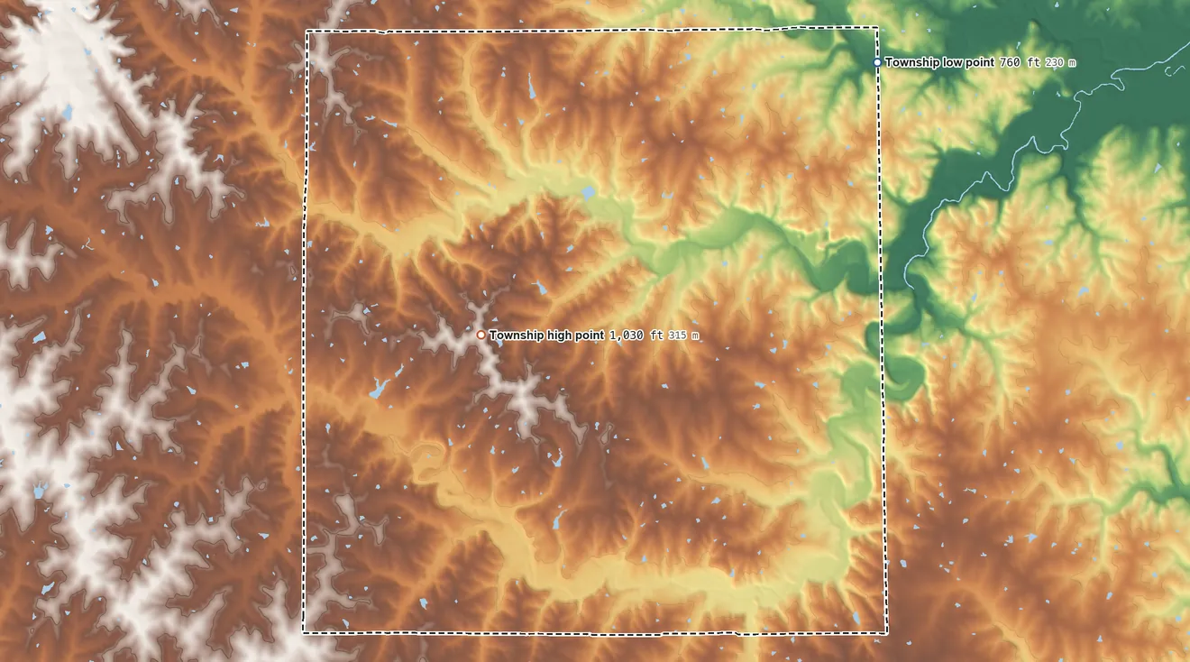 Topographic elevation map of Sheridan Township, Missouri, shaded from 760 ft on the northeast side to 1,030 ft on the northwest side