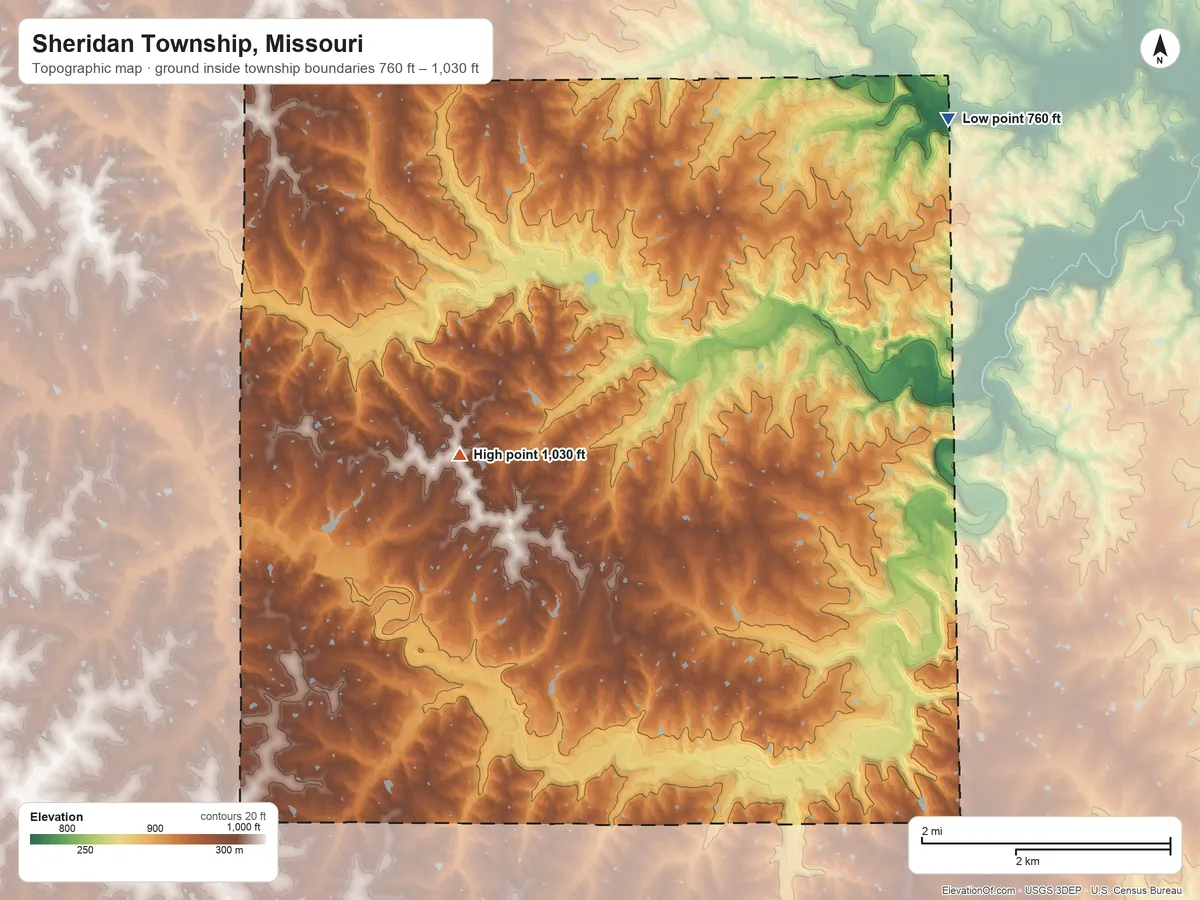 Topographic elevation map of Sheridan Township, Missouri, shaded from 760 ft on the northeast side to 1,030 ft on the northwest side