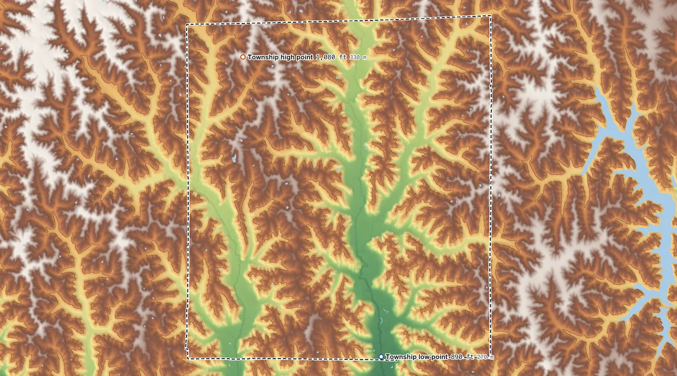 Topographic elevation map of Sherman Township, Putnam County, Missouri, shaded from 890 ft on the south side to 1,080 ft on the west side