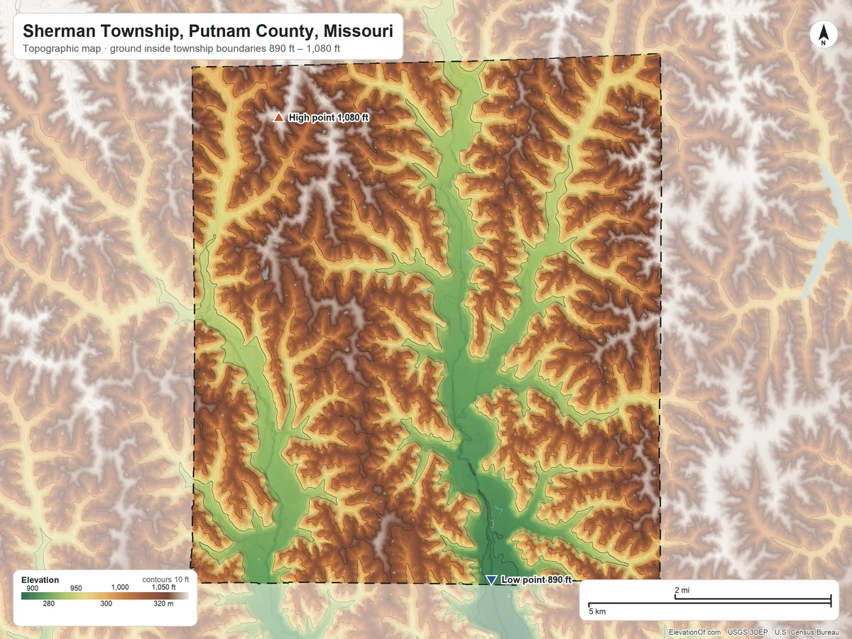 Topographic elevation map of Sherman Township, Putnam County, Missouri, shaded from 890 ft on the south side to 1,080 ft on the west side