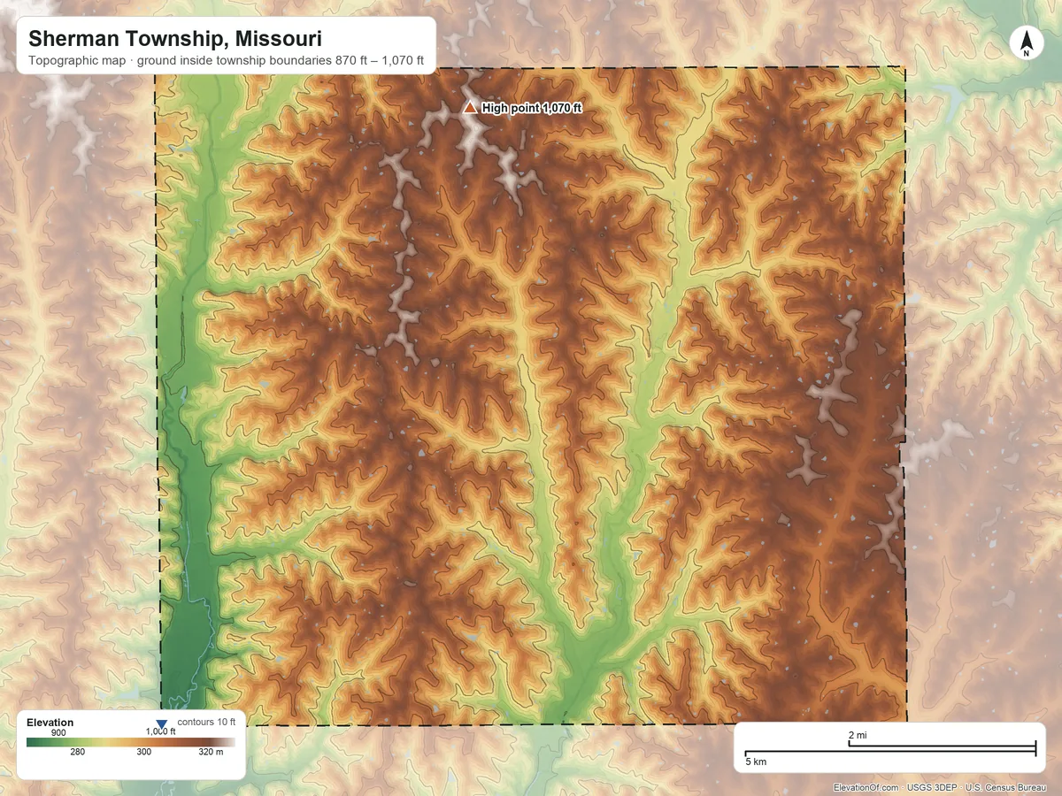 Topographic elevation map of Sherman Township, Missouri, shaded from 870 ft on the southwest side to 1,070 ft on the north side