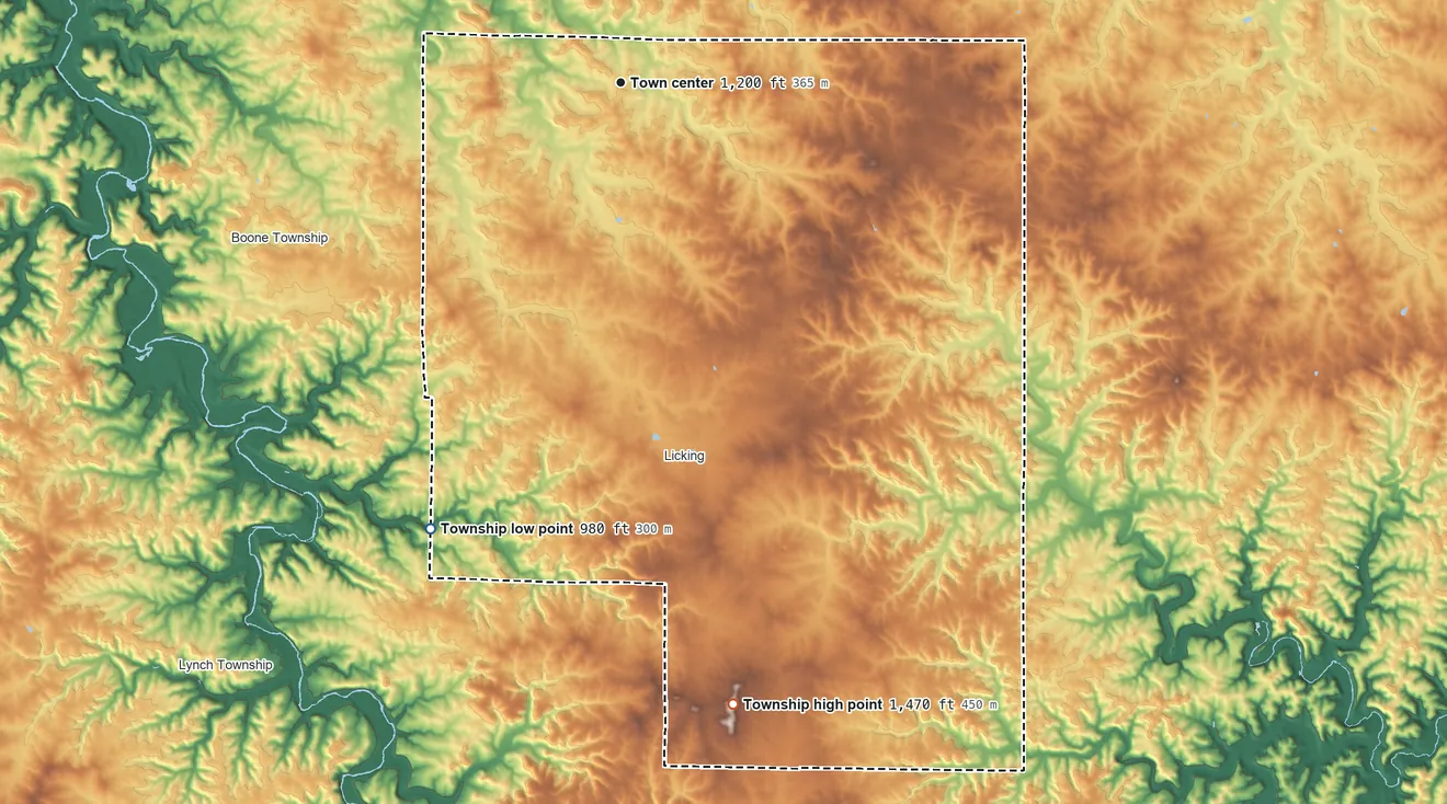 Topographic elevation map of Sherrill Township, Missouri, shaded from 980 ft on the southwest side to 1,470 ft on the south side