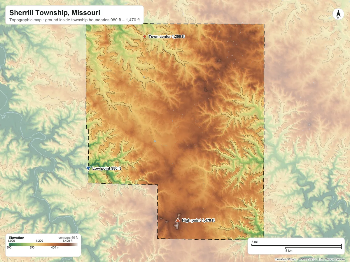 Topographic elevation map of Sherrill Township, Missouri, shaded from 980 ft on the southwest side to 1,470 ft on the south side