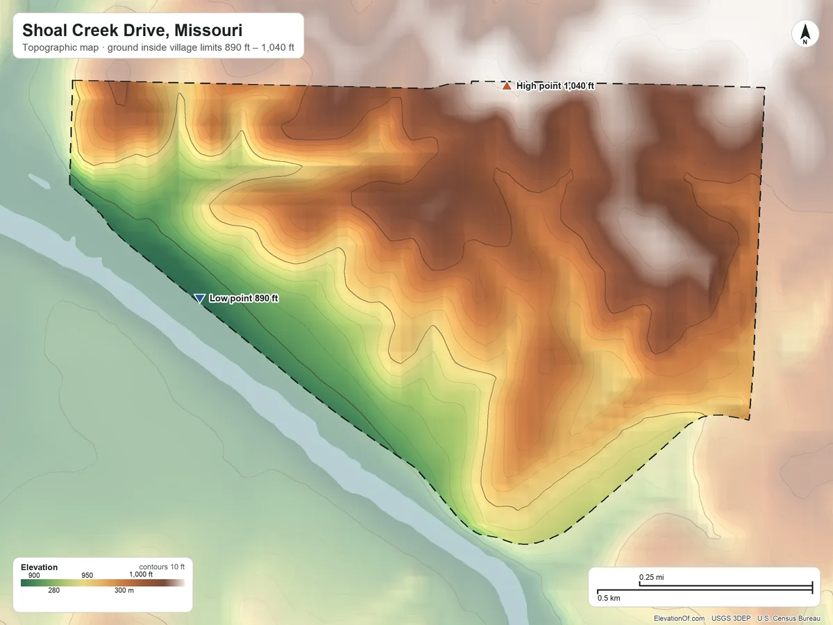 Topographic elevation map of Shoal Creek Drive, Missouri, shaded from 890 ft on the southwest side to 1,040 ft near the middle