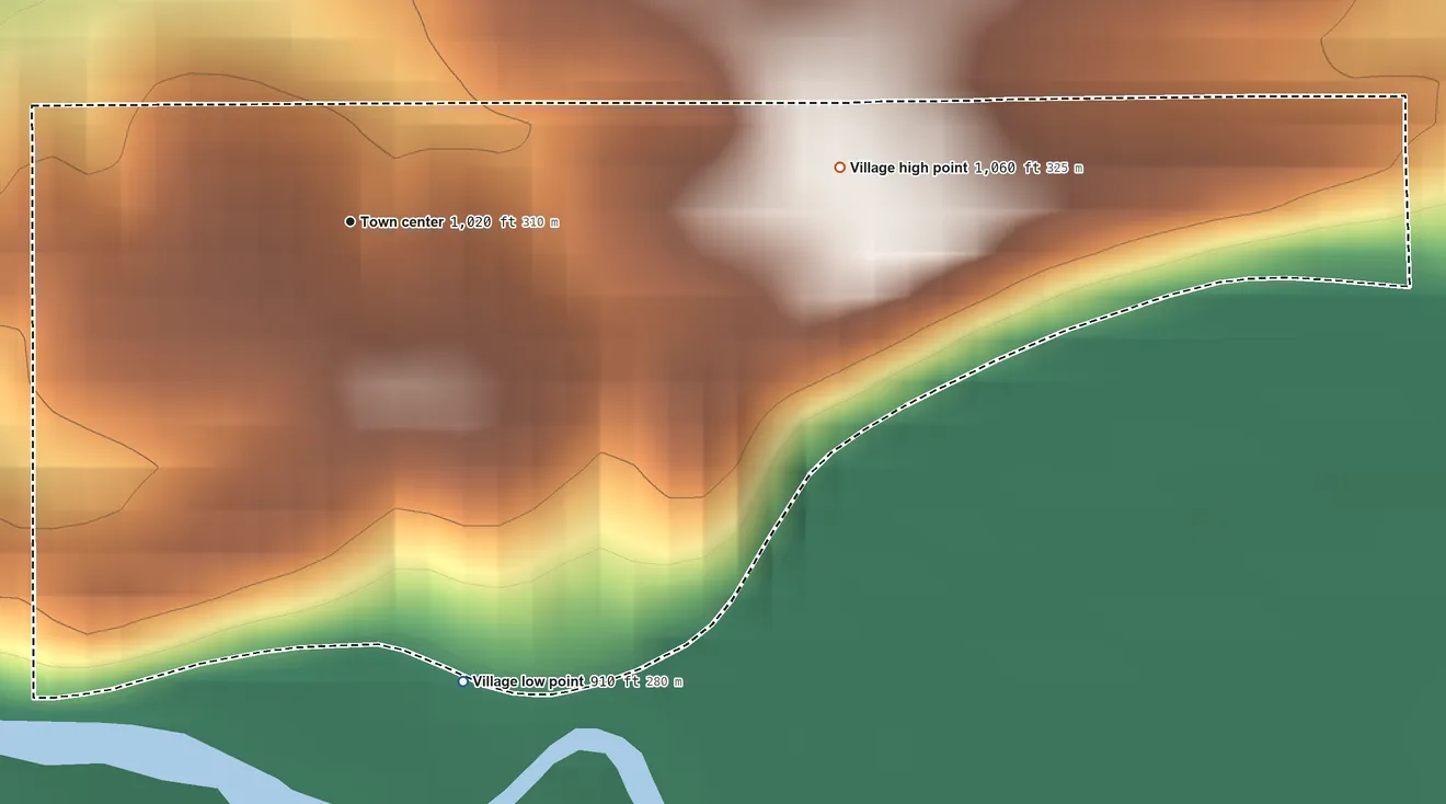Topographic elevation map of Shoal Creek Estates, Missouri, shaded from 910 ft on the south side to 1,060 ft on the east side
