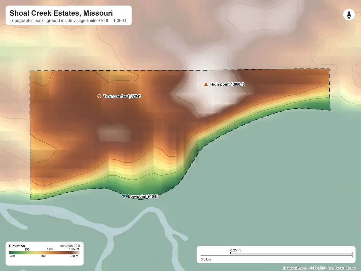 Topographic elevation map of Shoal Creek Estates, Missouri, shaded from 910 ft on the south side to 1,060 ft on the east side