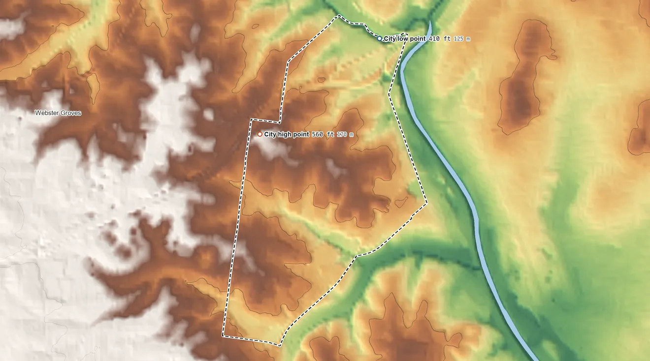 Topographic elevation map of Shrewsbury, Missouri, shaded from 410 ft on the northeast side to 560 ft on the north side