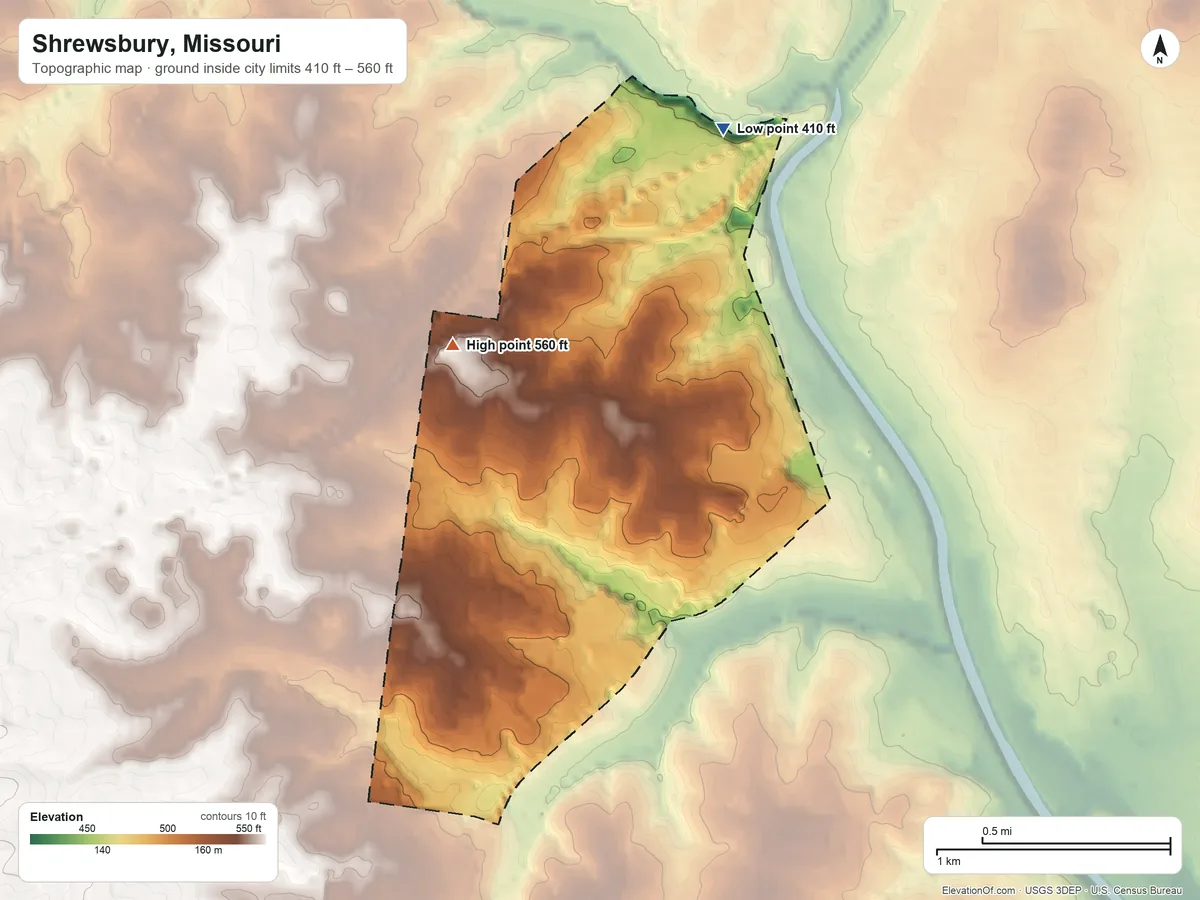 Topographic elevation map of Shrewsbury, Missouri, shaded from 410 ft on the northeast side to 560 ft on the north side