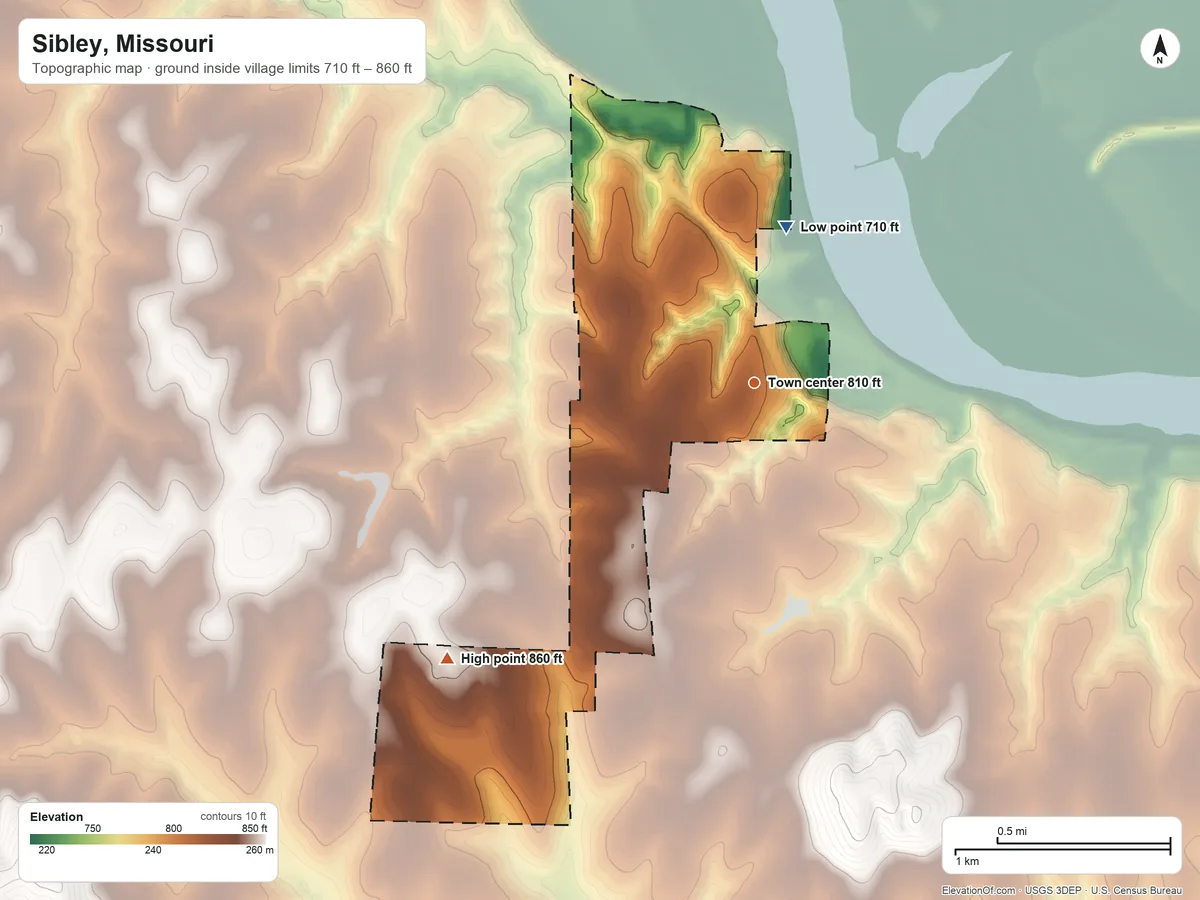 Topographic elevation map of Sibley, Missouri, shaded from 710 ft on the north side to 860 ft on the southwest side