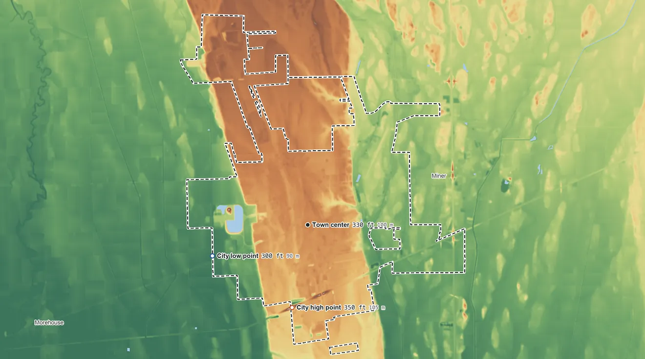 Topographic elevation map of Sikeston, Missouri, shaded from 300 ft on the west side to 350 ft on the south side