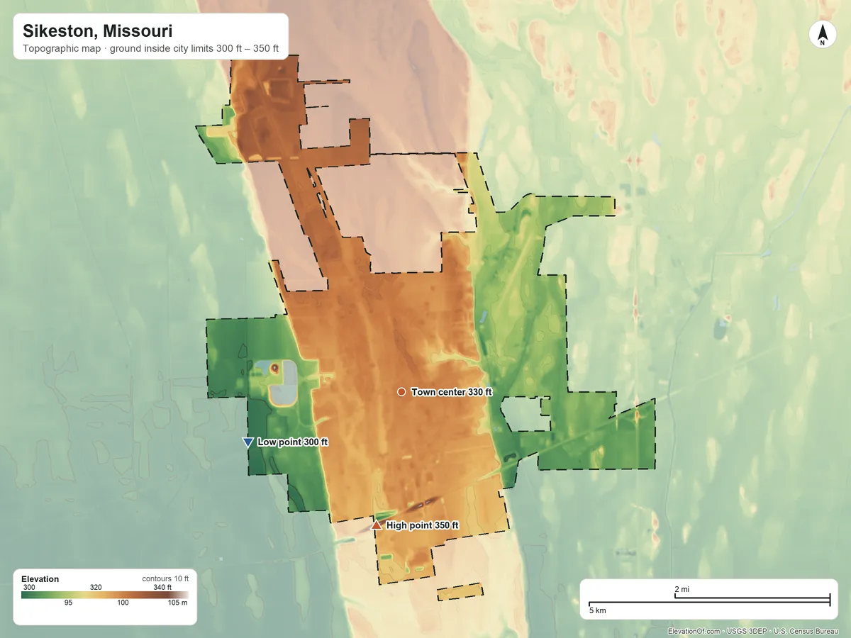 Topographic elevation map of Sikeston, Missouri, shaded from 300 ft on the west side to 350 ft on the south side