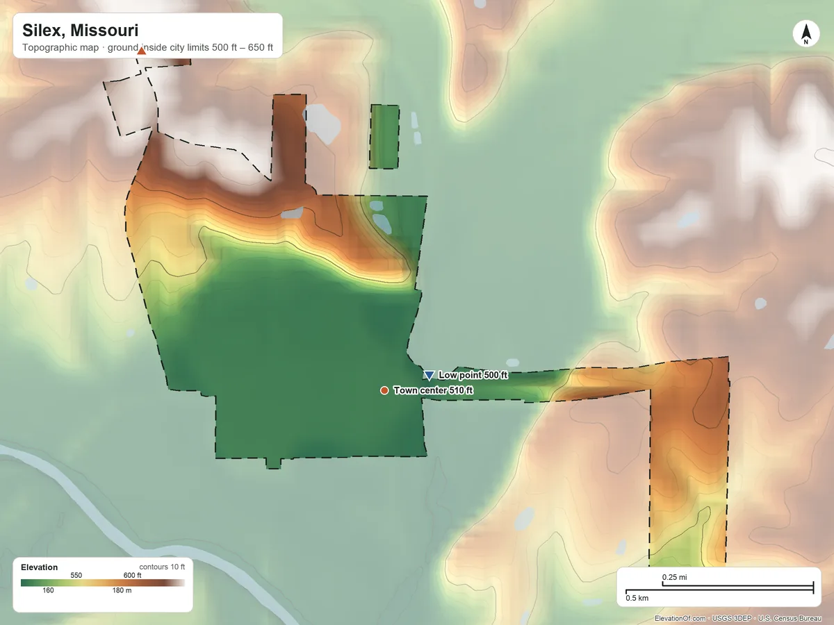 Topographic elevation map of Silex, Missouri, shaded from 500 ft near the middle to 650 ft on the northwest side