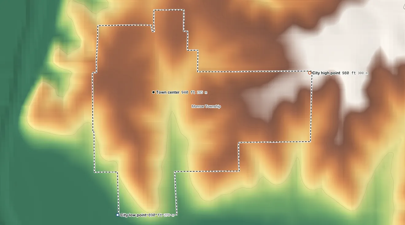 Topographic elevation map of Skidmore, Missouri, shaded from 890 ft on the south side to 980 ft on the east side