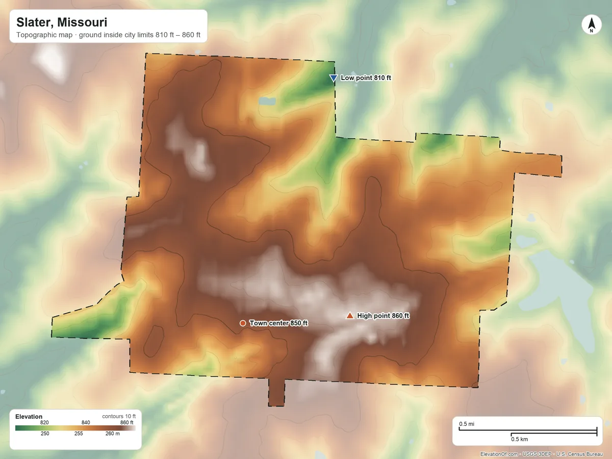 Topographic elevation map of Slater, Missouri, shaded from 810 ft on the north side to 860 ft on the east side