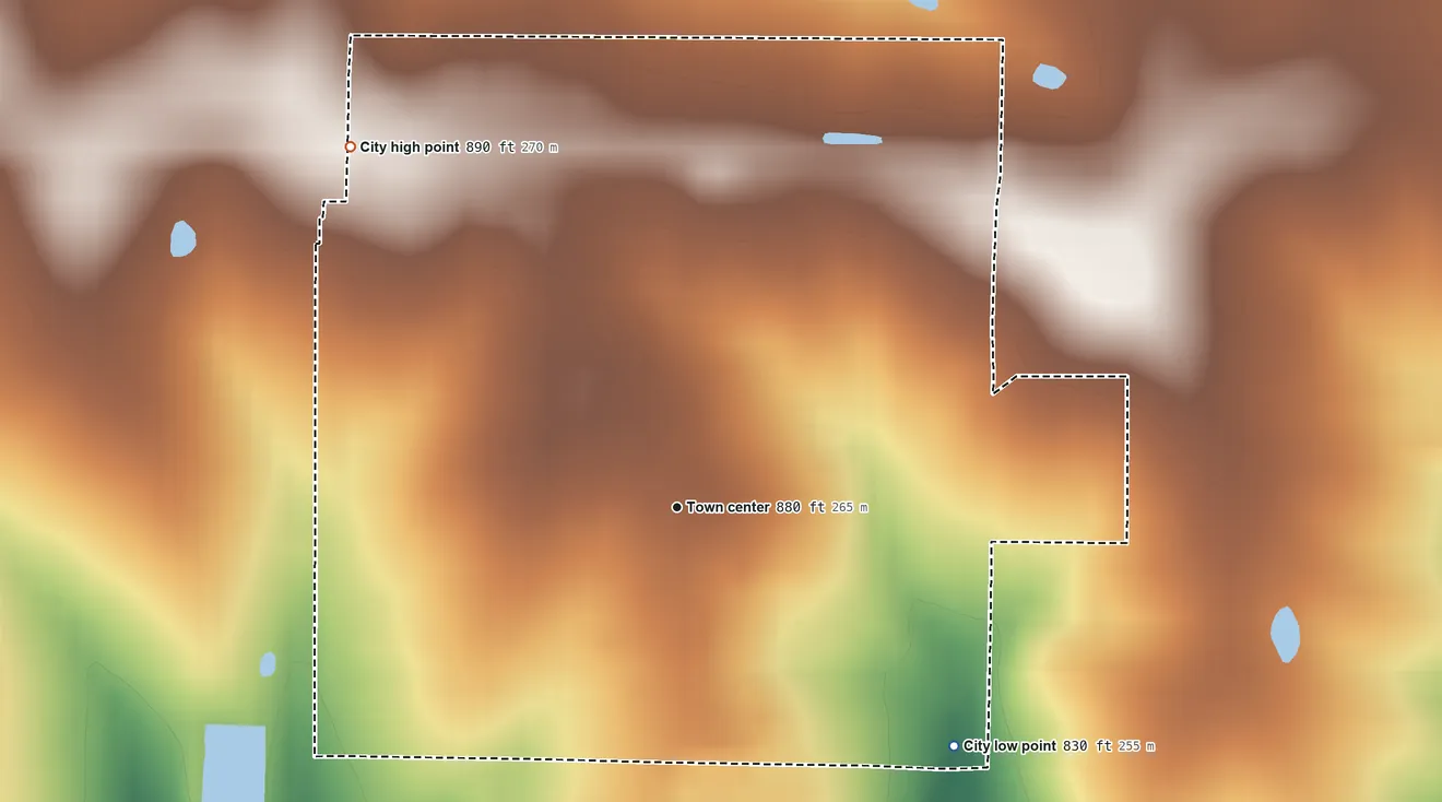 Topographic elevation map of Smithton, Missouri, shaded from 830 ft on the southeast side to 890 ft on the northwest side