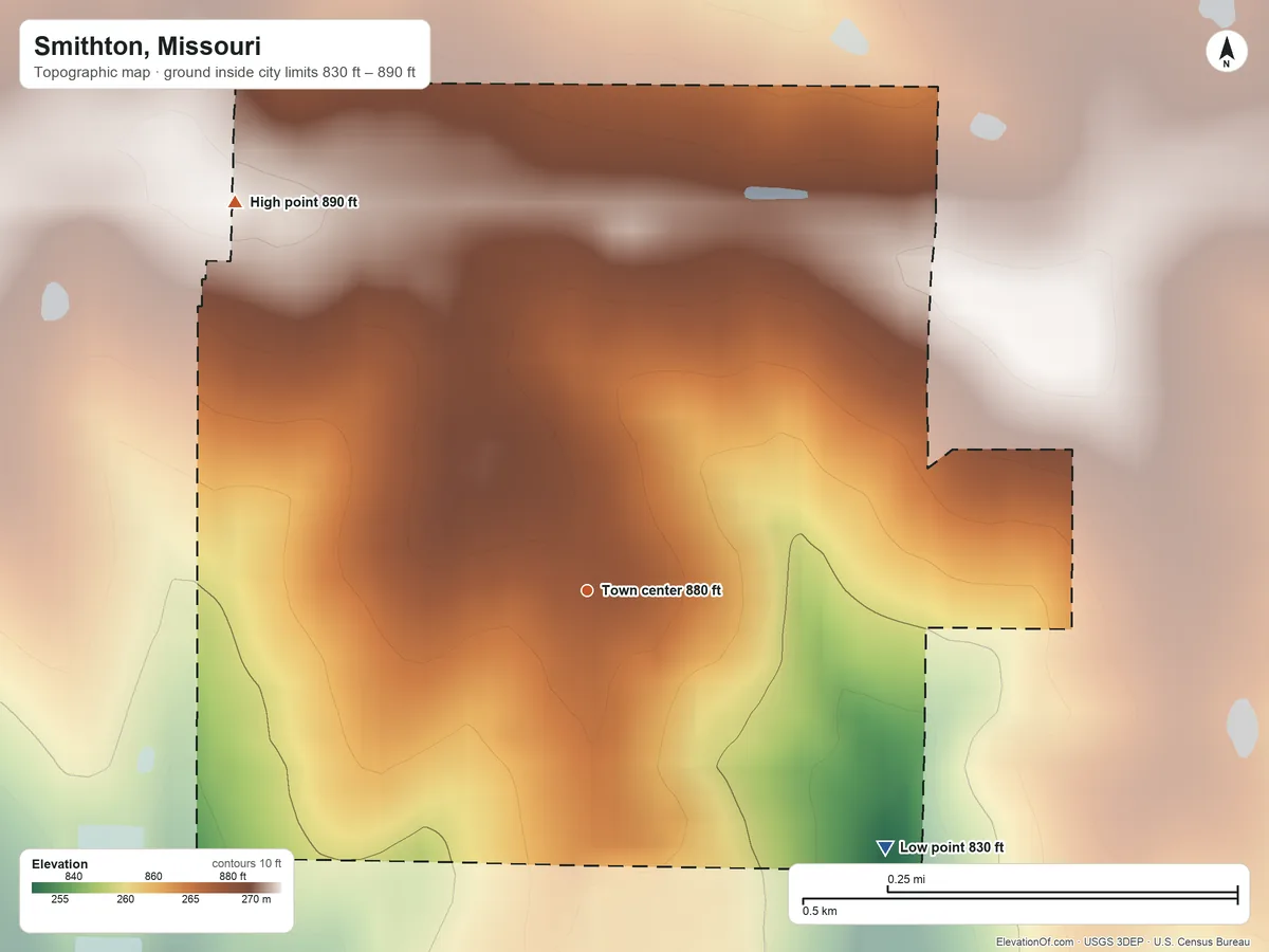 Topographic elevation map of Smithton, Missouri, shaded from 830 ft on the southeast side to 890 ft on the northwest side