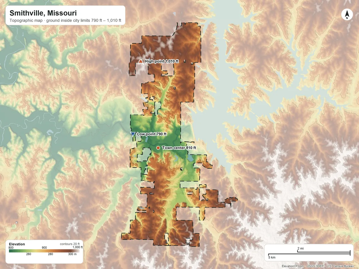 Topographic elevation map of Smithville, Missouri, shaded from 790 ft on the northwest side to 1,010 ft on the north side