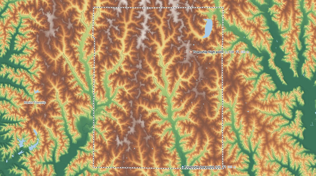 Topographic elevation map of Somerset Township, Missouri, shaded from 940 ft on the south side to 1,110 ft on the northeast side