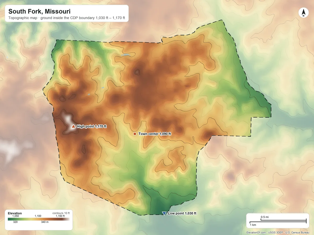 Topographic elevation map of South Fork, Missouri, shaded from 1,030 ft on the south side to 1,170 ft on the west side
