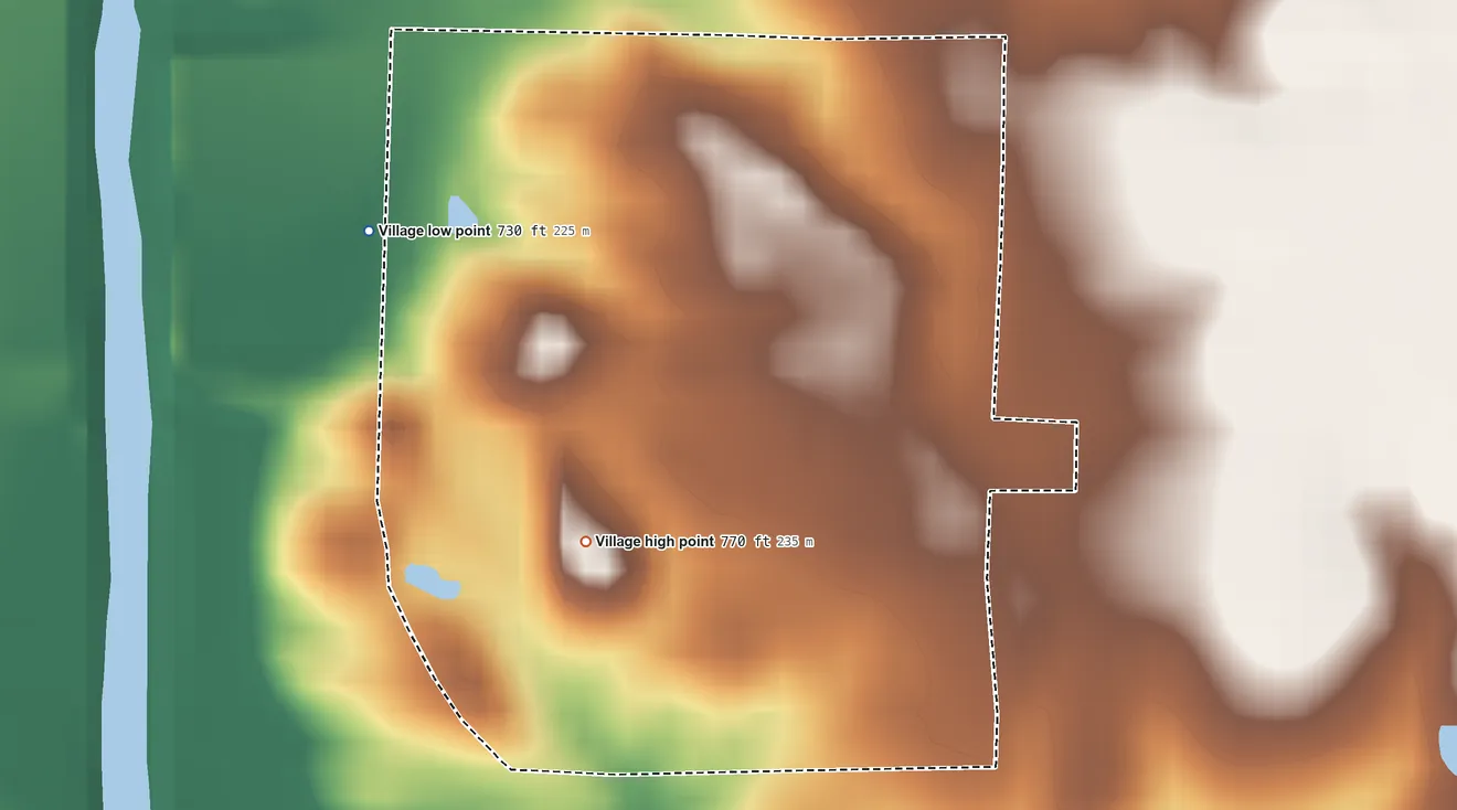 Topographic elevation map of South Gifford, Missouri, shaded from 730 ft on the northwest side to 770 ft on the southwest side