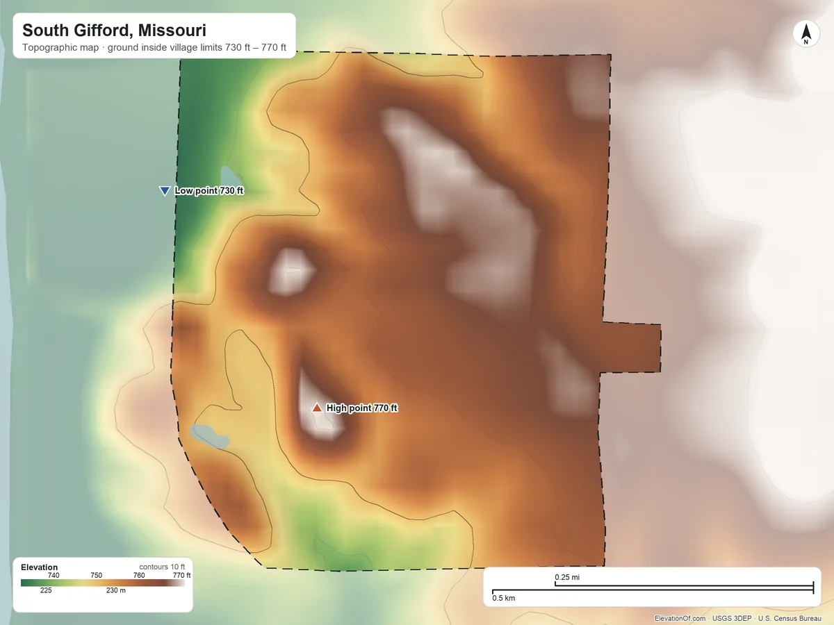 Topographic elevation map of South Gifford, Missouri, shaded from 730 ft on the northwest side to 770 ft on the southwest side
