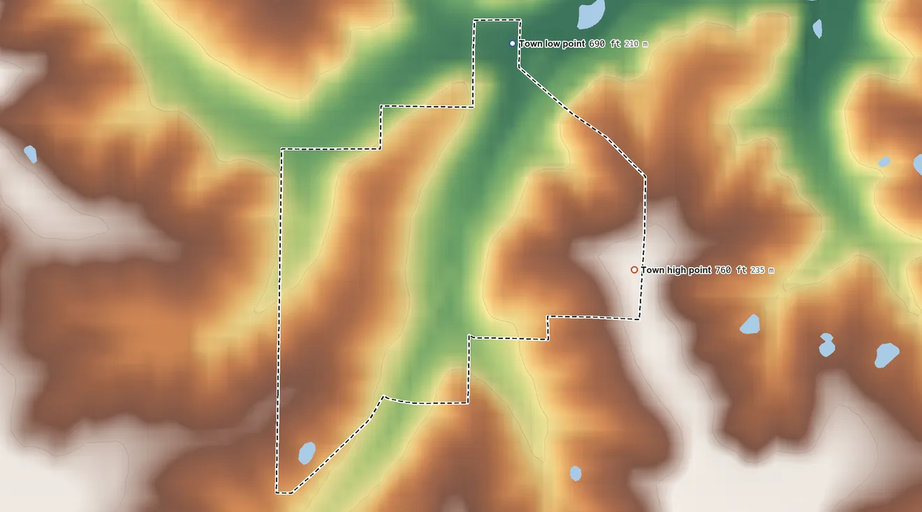 Topographic elevation map of South Gorin, Missouri, shaded from 690 ft on the north side to 760 ft on the east side