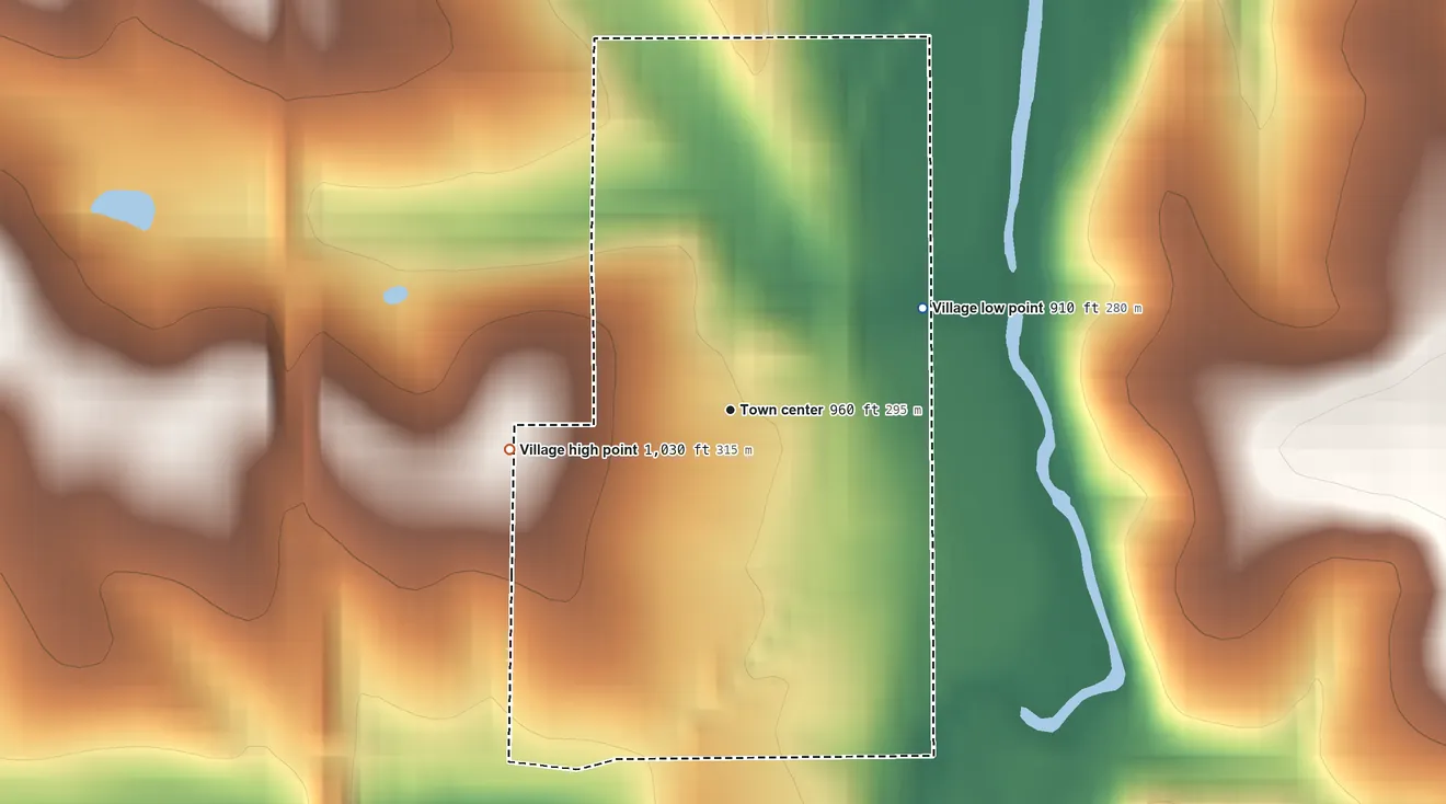 Topographic elevation map of South Greenfield, Missouri, shaded from 910 ft on the northeast side to 1,030 ft on the west side