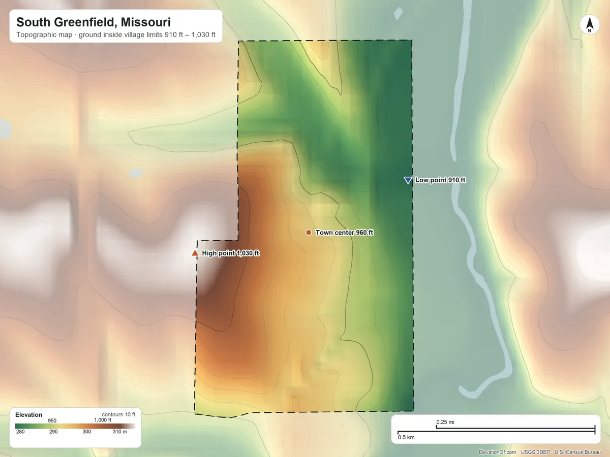 Topographic elevation map of South Greenfield, Missouri, shaded from 910 ft on the northeast side to 1,030 ft on the west side