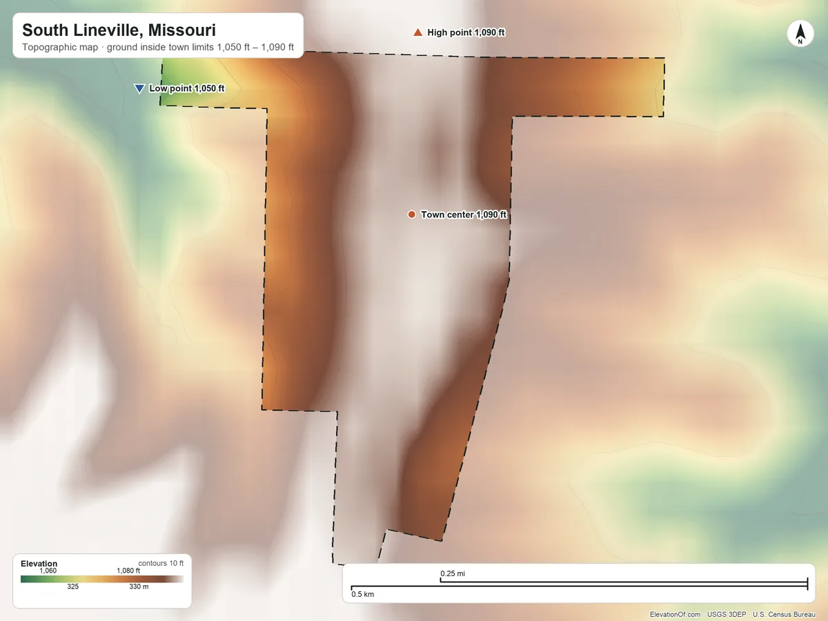 Topographic elevation map of South Lineville, Missouri, shaded from 1,050 ft on the northwest side to 1,090 ft on the north side