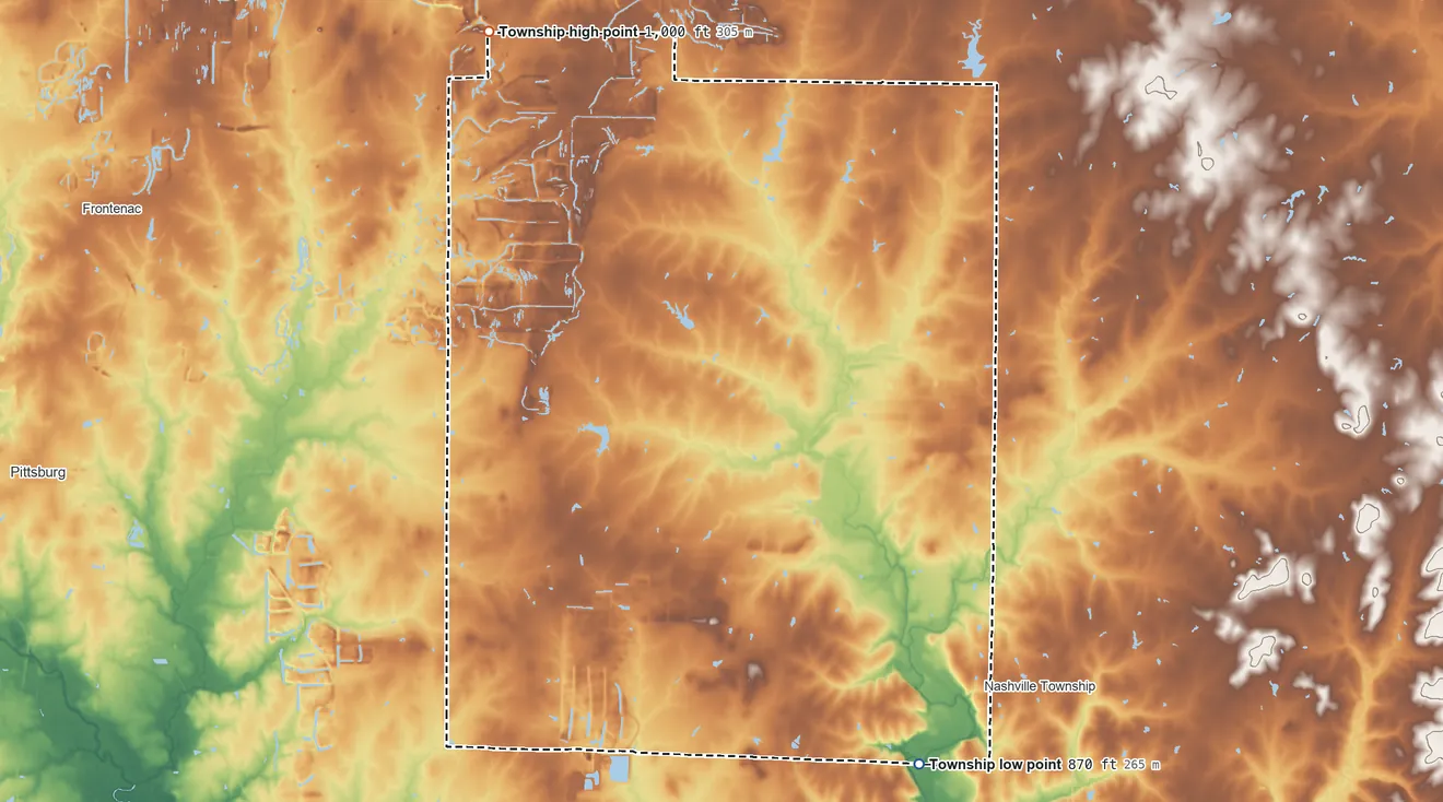 Topographic elevation map of South West Township, Missouri, shaded from 870 ft on the southeast side to 1,000 ft on the northwest side
