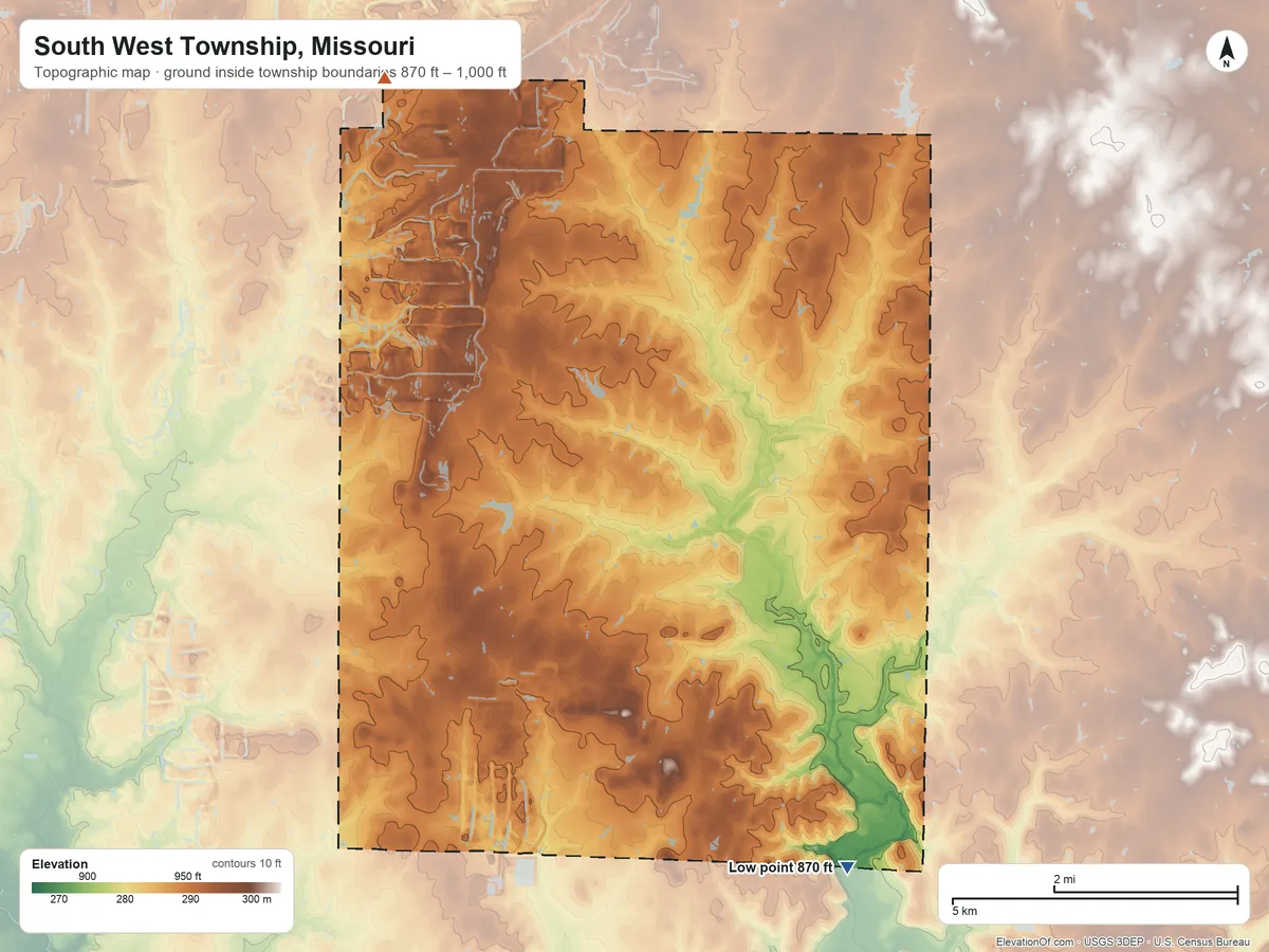 Topographic elevation map of South West Township, Missouri, shaded from 870 ft on the southeast side to 1,000 ft on the northwest side