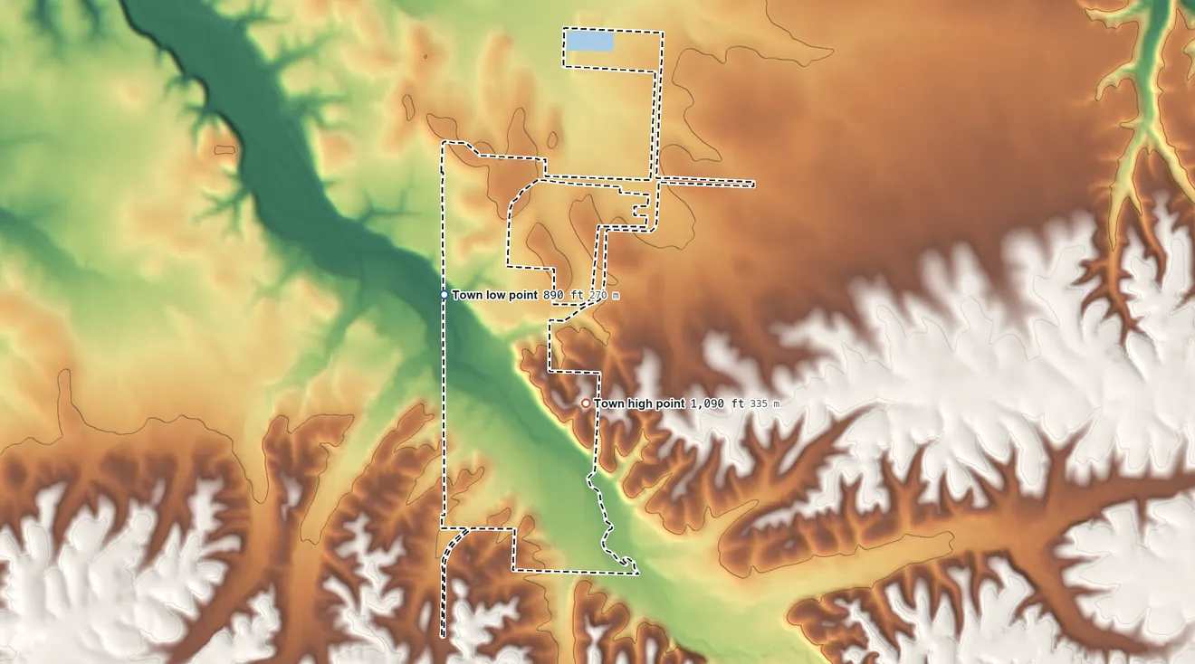 Topographic elevation map of Southwest City, Missouri, shaded from 890 ft on the northwest side to 1,090 ft on the northeast side