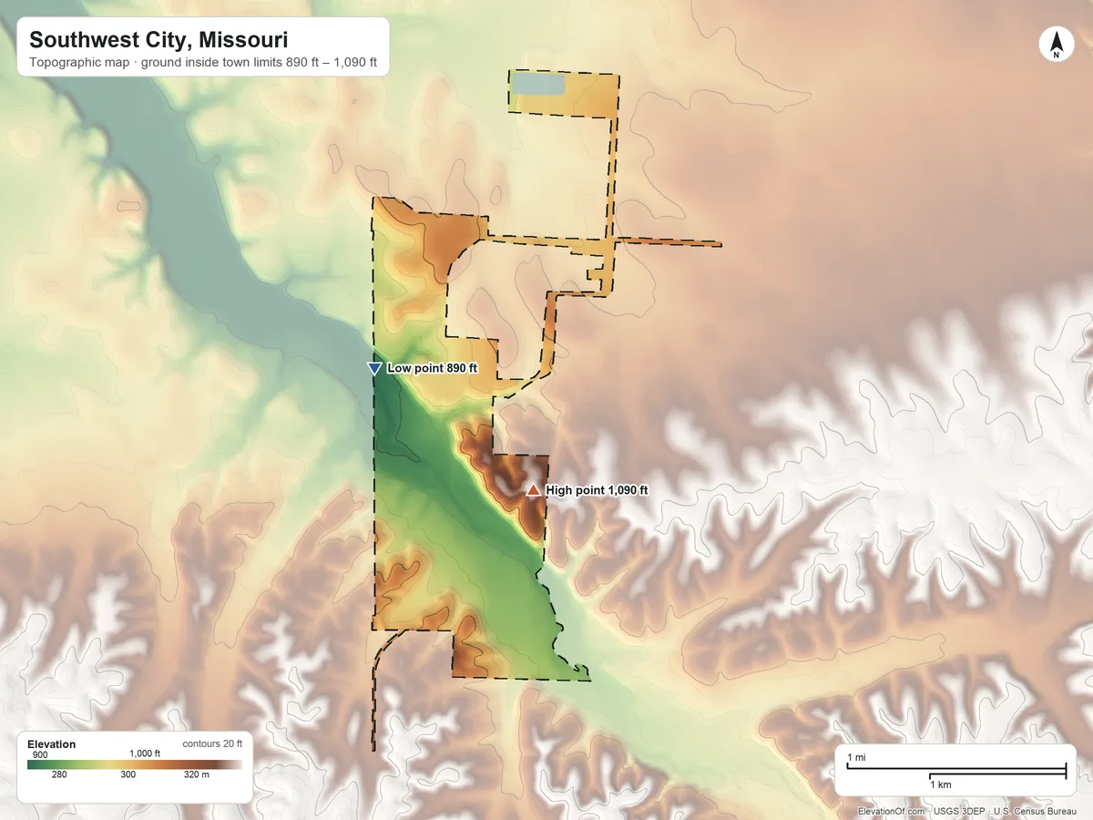 Topographic elevation map of Southwest City, Missouri, shaded from 890 ft on the northwest side to 1,090 ft on the northeast side