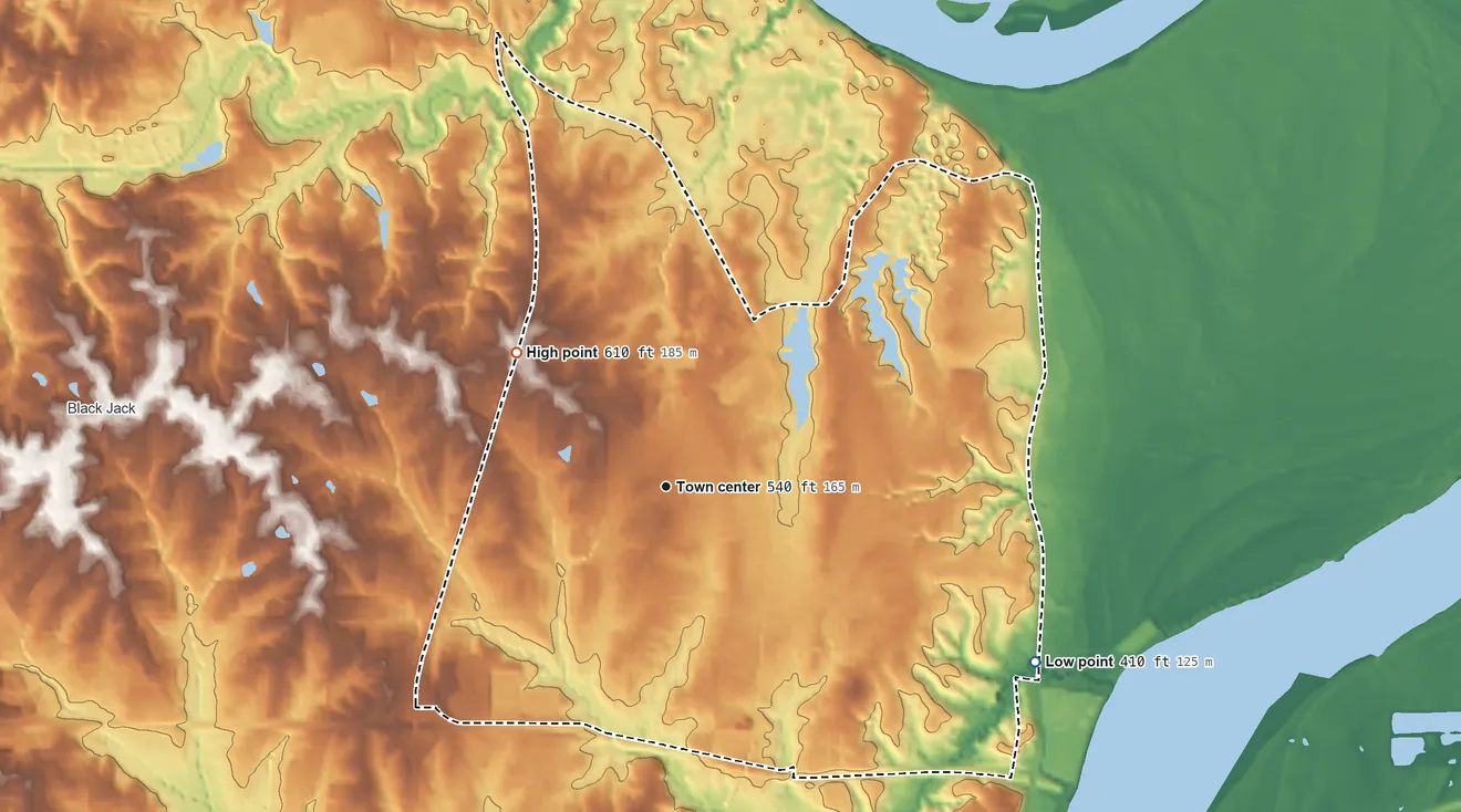 Topographic elevation map of Spanish Lake, Missouri, shaded from 410 ft on the southeast side to 610 ft on the northwest side