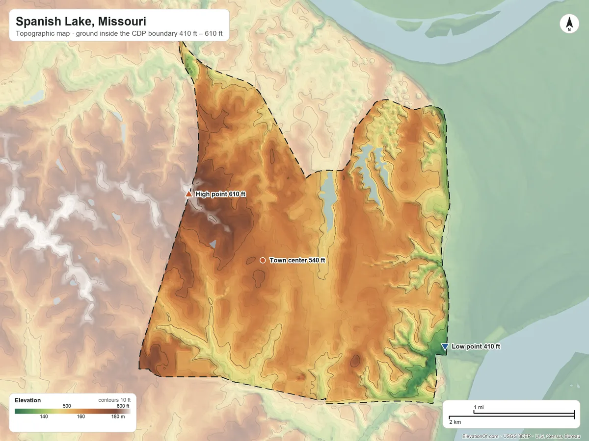 Topographic elevation map of Spanish Lake, Missouri, shaded from 410 ft on the southeast side to 610 ft on the northwest side
