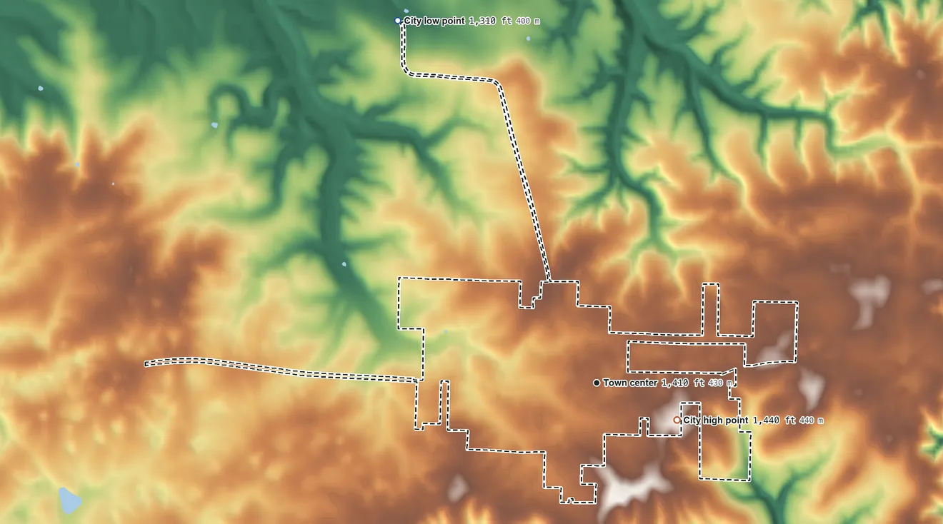 Topographic elevation map of Sparta, Missouri, shaded from 1,310 ft on the northwest side to 1,440 ft on the southeast side