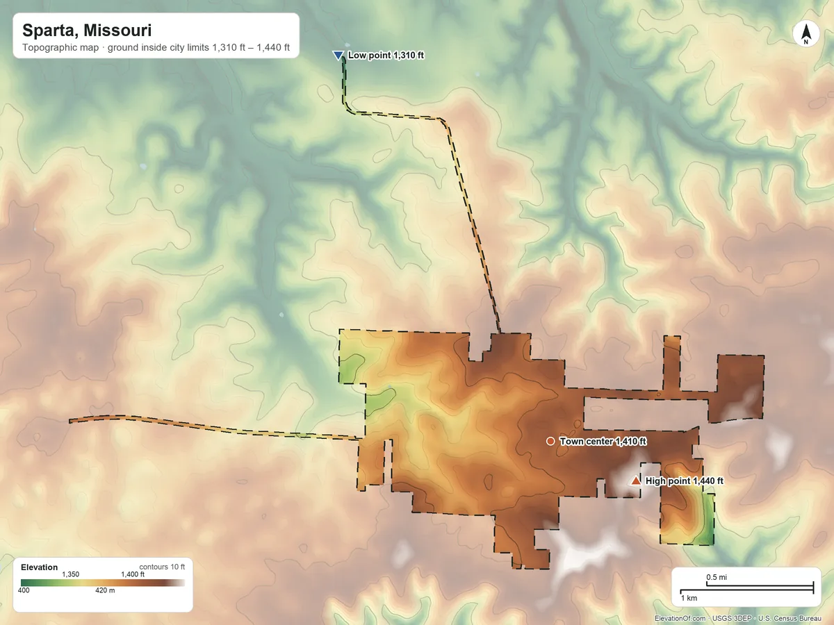 Topographic elevation map of Sparta, Missouri, shaded from 1,310 ft on the northwest side to 1,440 ft on the southeast side