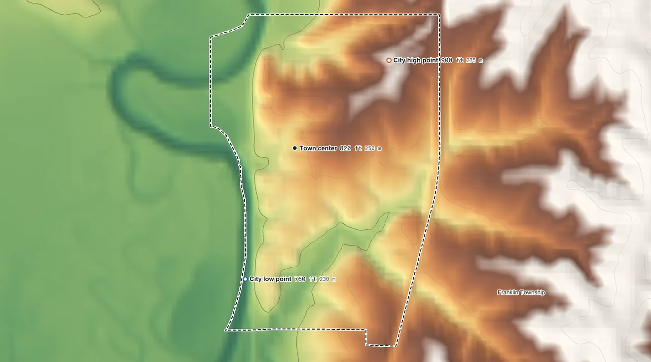 Topographic elevation map of Spickard, Missouri, shaded from 760 ft on the south side to 900 ft on the northeast side