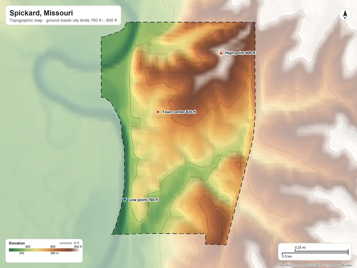 Topographic elevation map of Spickard, Missouri, shaded from 760 ft on the south side to 900 ft on the northeast side