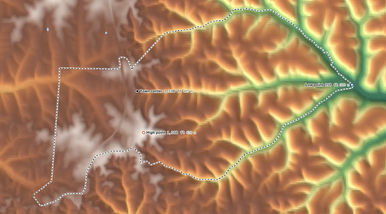 Topographic elevation map of Spokane, Missouri, shaded from 990 ft on the east side to 1,380 ft on the south side