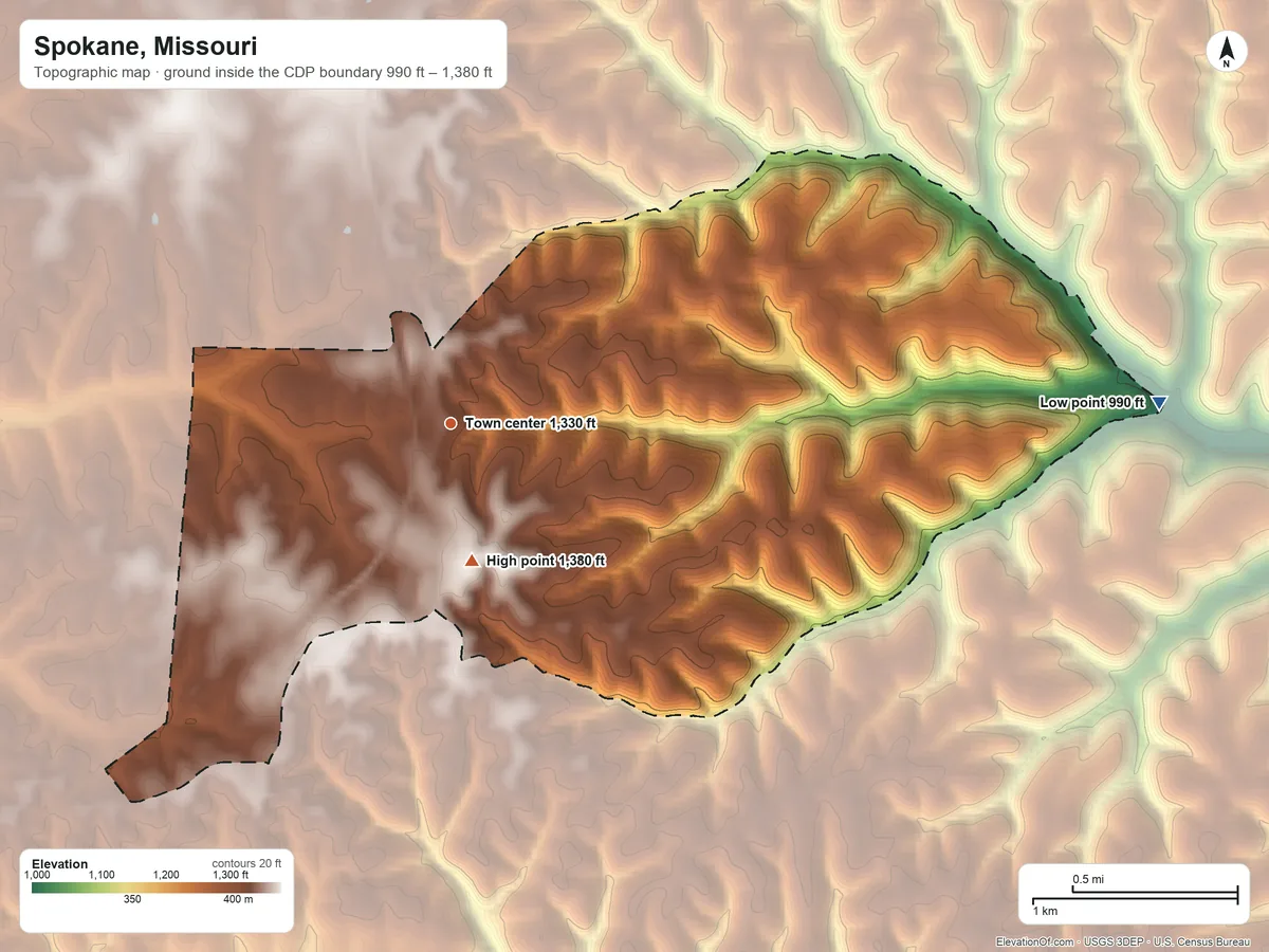 Topographic elevation map of Spokane, Missouri, shaded from 990 ft on the east side to 1,380 ft on the south side